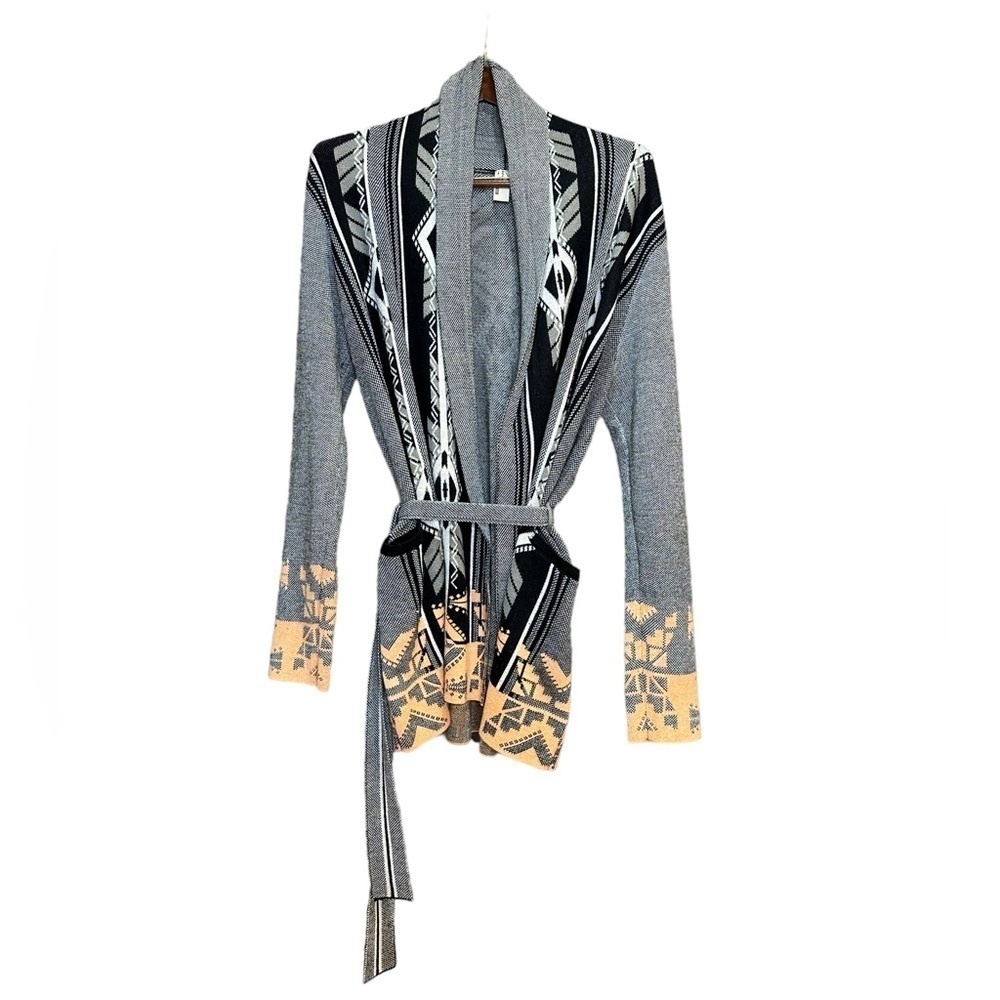 Anthropologie Gray Black Cream Geometric Belted Cardigan